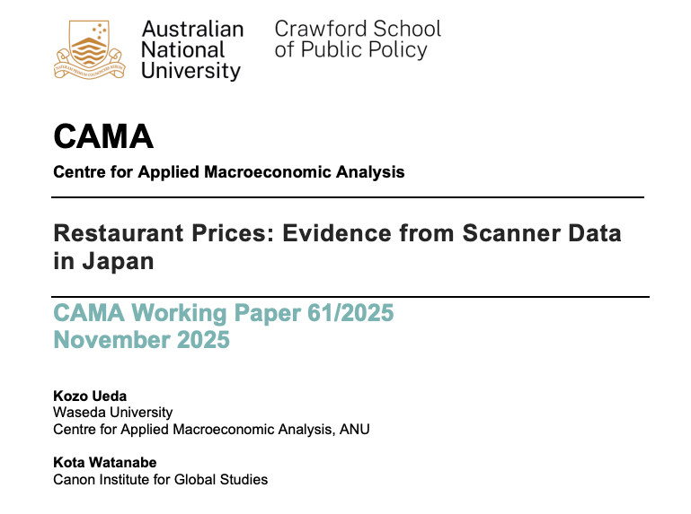 CAMacroAnalysis's tweet image. New CAMA Working Paper 61/2025 🇯🇵🍱

@KozoUeda1  &amp;amp; Kota Watanabe use scanner data from ~1,000 Japanese restaurants (2018–2025) to track how often and by how much service prices change. 📊💴

Find out more 🔗 bit.ly/3WTqndT

@ANUCrawford @waseda_univ
