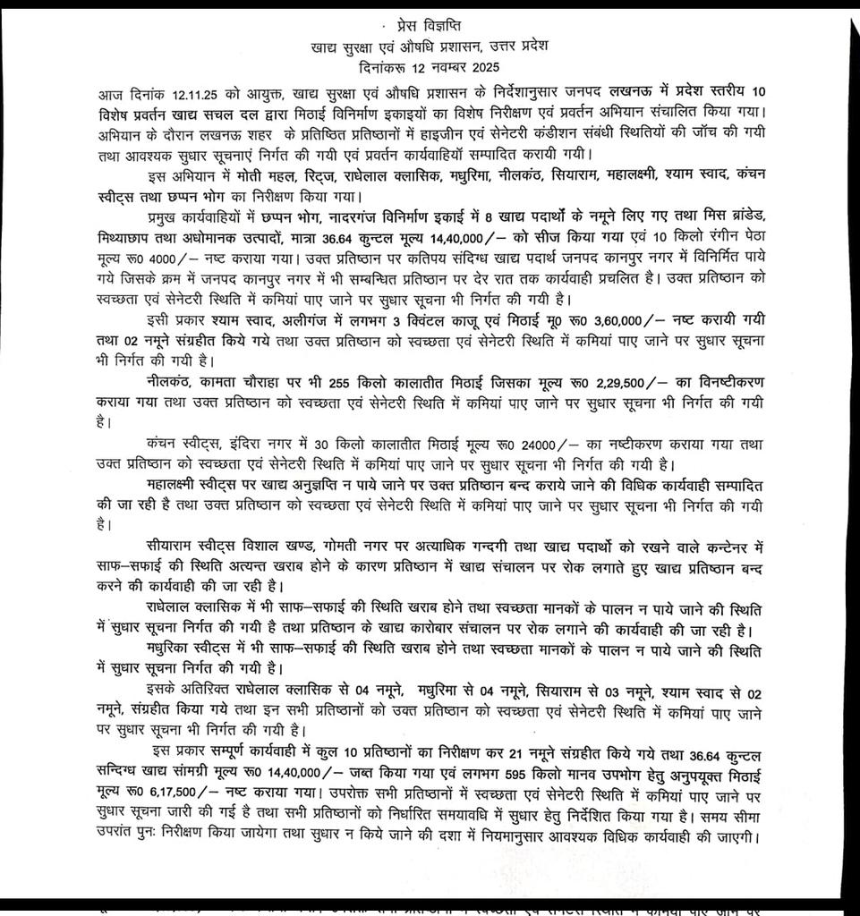 AbhishekDi22144's tweet photo. Lucknow में बड़े बड़े मिष्ठान भंडार पर कार्यवाही @LiveNewsXtv #upfsd #foodsafty https://t.co/fnSos2pNlE