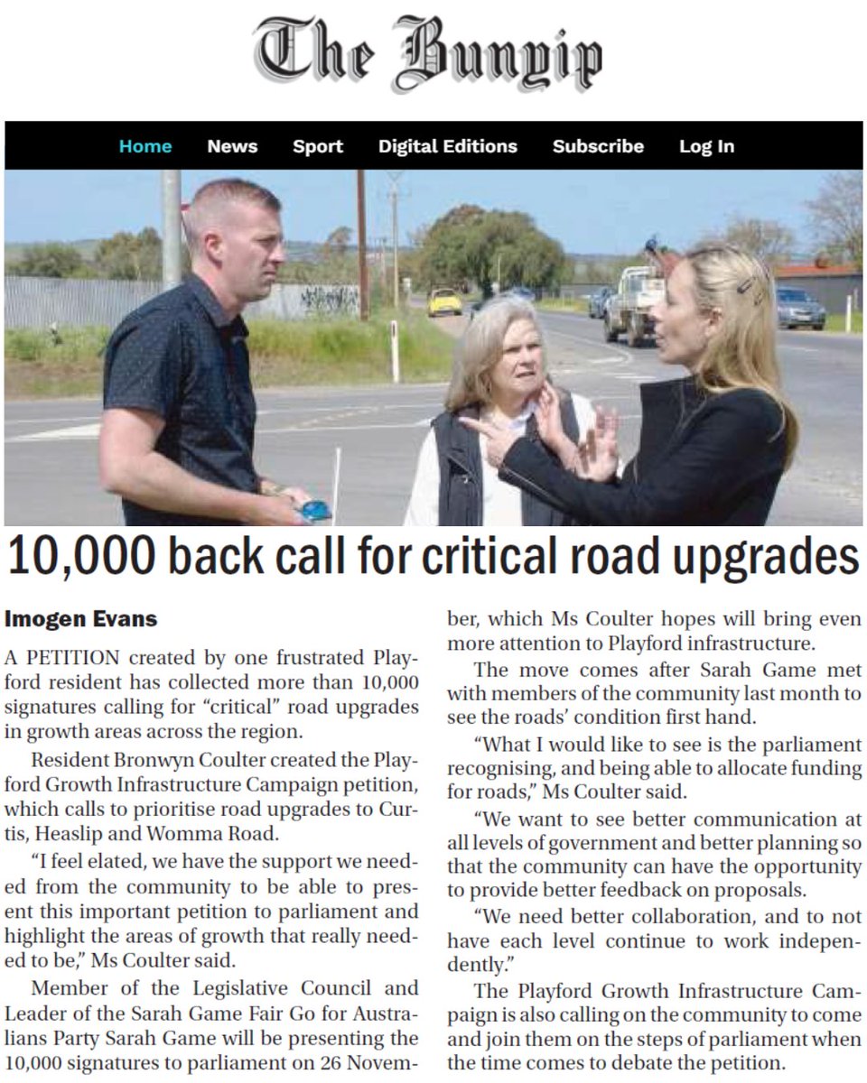 I’ve driven City of Playford roads and talked to locals – and next I’ll table a 10,000-signature petition to parliament, calling for critical infrastructure upgrades in the district.

All levels of government must work together on this issue – and I’ll reiterate that point when I