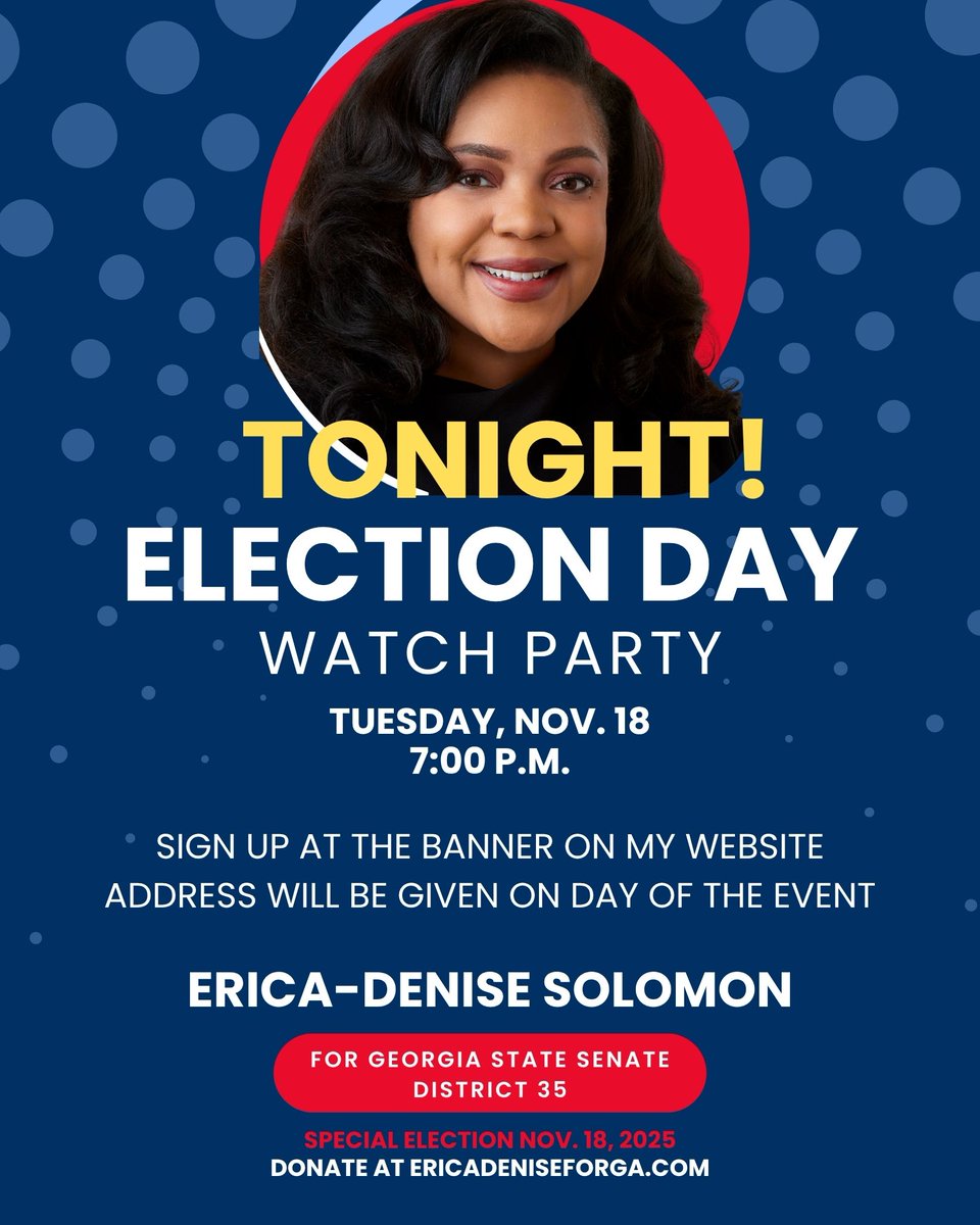 EricaDeniseGa's tweet photo. REMINDER!

TONIGHT is the night! Join us as we watch the #SpecialElection results roll in for #Georgia State Senate #District35. Thank you for all your support throughout this campaign, and I can't wait to cross the finish line with you by my side! https://t.co/Z1inHxbuOj