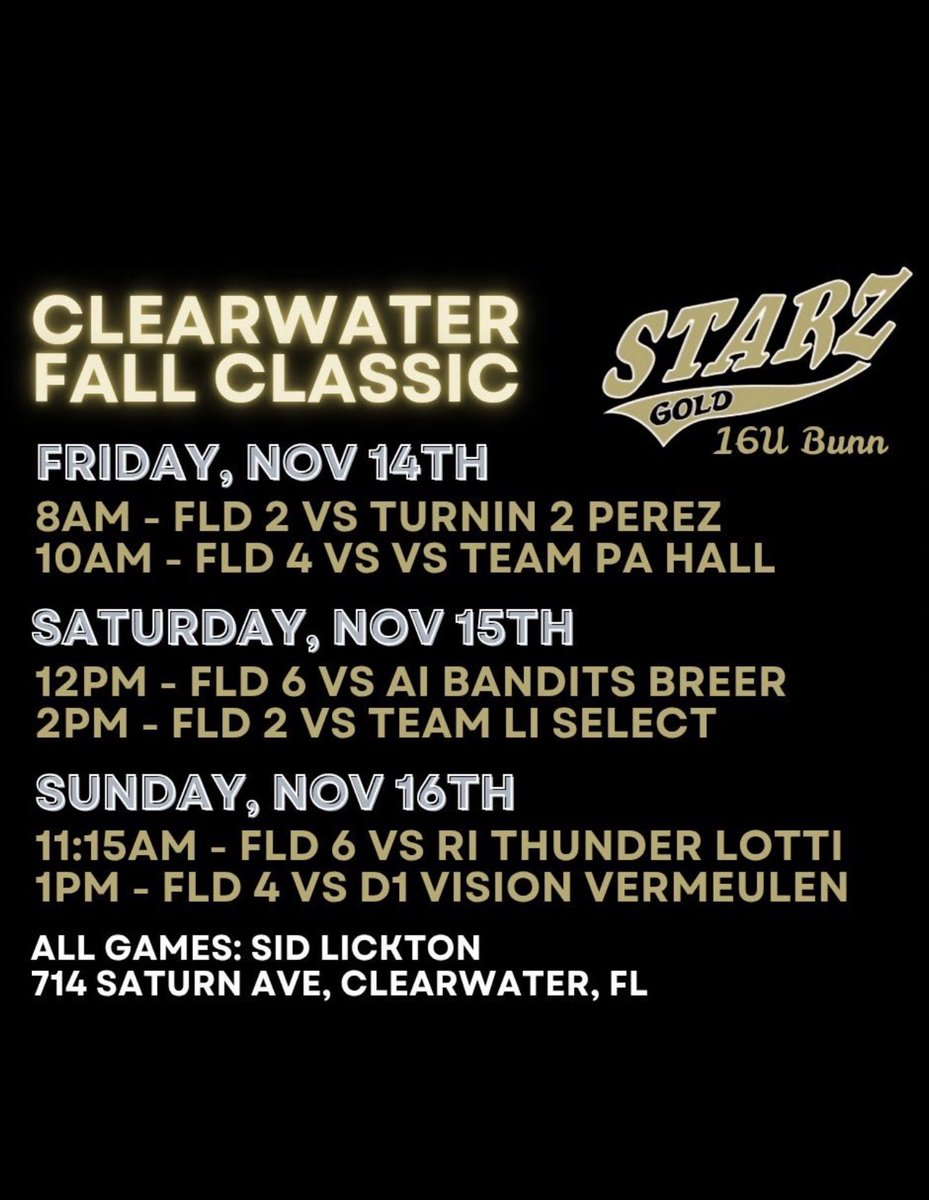 Schedule for this weekend!!! Can’t wait!!! <a href="/StarzGold_16u/">Starz Gold 16u (Bunn)</a> <a href="/StarzGold/">StarzGold</a> <a href="/CoachBrandon24/">Brandon Perks</a>