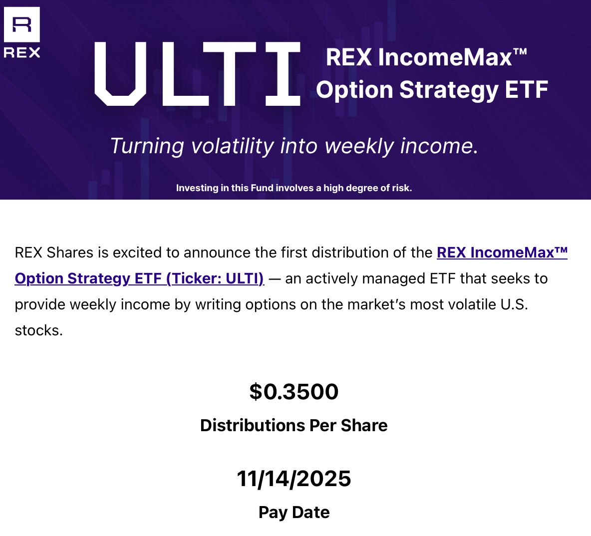 paradisemint's tweet image. $ULTI by @rexshares just announced their first distribution of .35 cents per share. 

This is a new weekly pay fund by Rex Shares. If it stays at this payout rate it equates out to 77.34% APR.

I will be giving regular updates as the fund progresses.