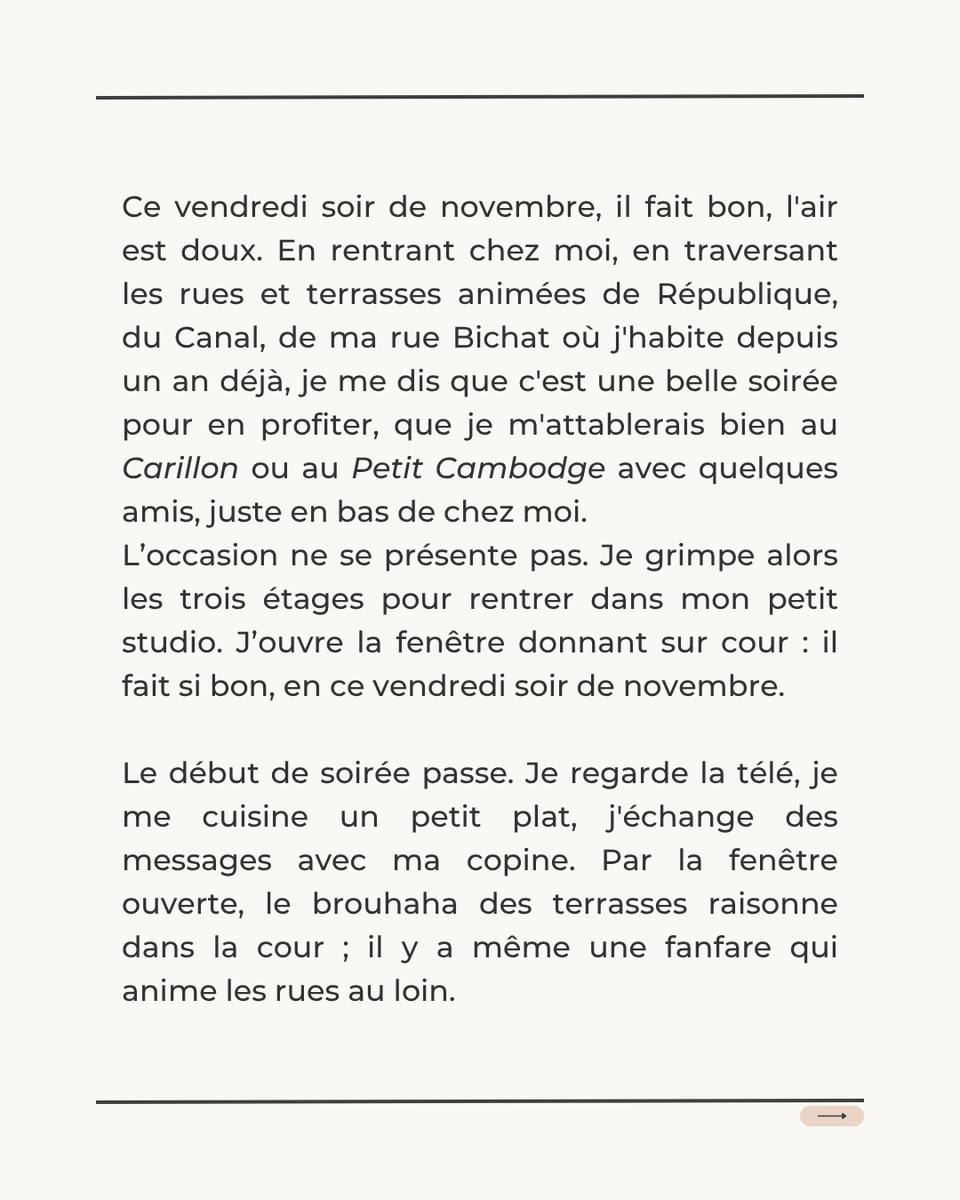 VinBerth's tweet photo. Il faisait doux en ce vendredi soir de novembre, quand un tout à coup, un bruit fort, net, précis et répétitif vient fendre la douceur depuis la fenêtre de mon appartement.
Récit de ma soirée du vendredi 13 novembre 2015
#Paris #13novembre2015 #ParisAttack #13novembre
1/5
🧵⤵️ https://t.co/ztEpVdzjem