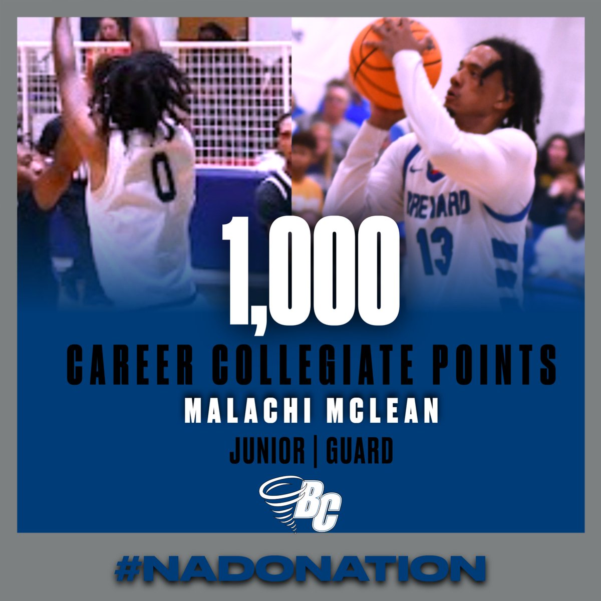 Men's Basketball: Congrats to junior guard Malachi McLean on eclipsing 1,000 career collegiate points in tonight's contest vs. LaGrange. Malachi scored 976 points in two seasons at Louisburg College! #NadoNation #d3hoops #d3mbb