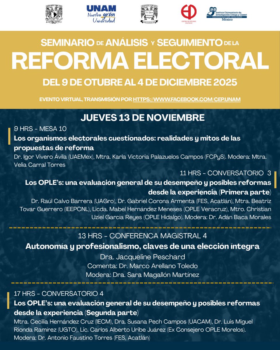 Las y los invitamos a la jornada del 13 de noviembre, del Seminario de Análisis y Seguimiento de la Reforma Electoral. 
¡Nos vemos mañana, a partir de las 9! 
*Evento virtual, con transmisión en facebook.com/cep.unam*