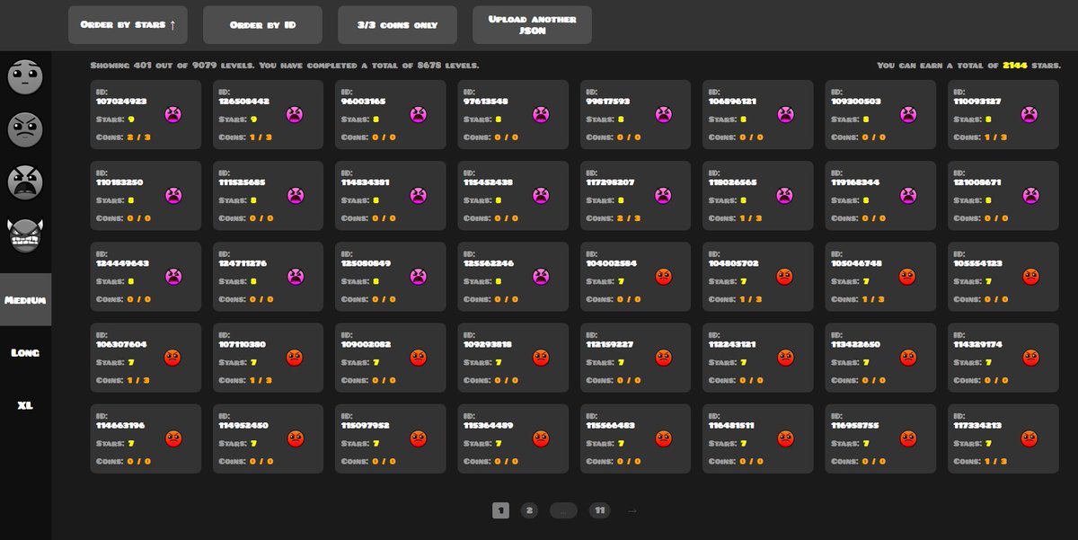 Update:
Metí la cantidad de coins que puedes conseguir en los niveles y el total que YO conseguí en un intento.
Filtro para buscar que niveles pasé en 1 intento con 3 coins (para ayudar coins rápidas)
Filtro de medium, long y XL :)