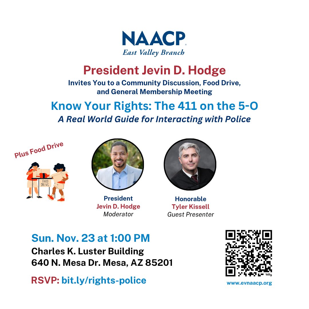 evnaacp's tweet photo. Sun. Nov. 23 at 1:00 PM -- "Know Your Rights: The 411 on the 5-O, A Real World Guide for Interacting with Police."  FREE and Open to the Public.

The Honorable Tyler Kissell will be presenting and President Jevin D. Hodge will be facilitating the meeting.

Link to tickets in bio. https://t.co/z38NsEMx5D