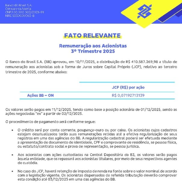 QDividendos's tweet photo. Banco do Brasil anuncia pagamento de JCP!!!
#BancodoBrasil #BB #BBAS3 #Dividendos #JCP #Proventos https://t.co/76Ajit5opQ