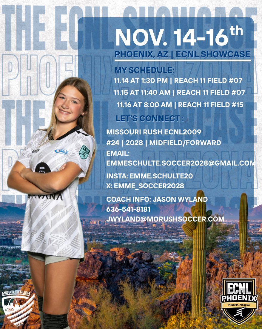 emme_soccer2028's tweet image. So excited for the ECNL Phoenix Showcase this weekend!!!🔜✈️🌵🏜️ @MORushECNL09g @MoRushECNL @MoRushSoccer @RushSoccer @ImYouthSoccer @ECNLgirls @TopDrawerSoccer @TheSoccerWire @ImCollegeSoccer