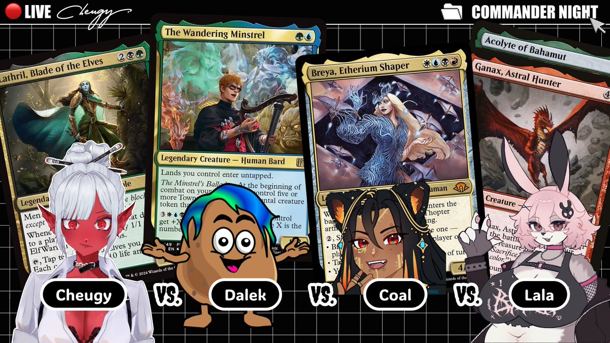 Wednesday commander is going on! <a href="/Director_Cheugy/">Director Cheugy「Corporatecore Cringe vTuber」</a>, <a href="/DalekTtv/">DalekStormTTV</a>, and <a href="/LalaFulala/">Lala Fulala</a> will join us. Should be a fun time. Come on and say on any of the channels, but my link is twitch.tv/coal_fu