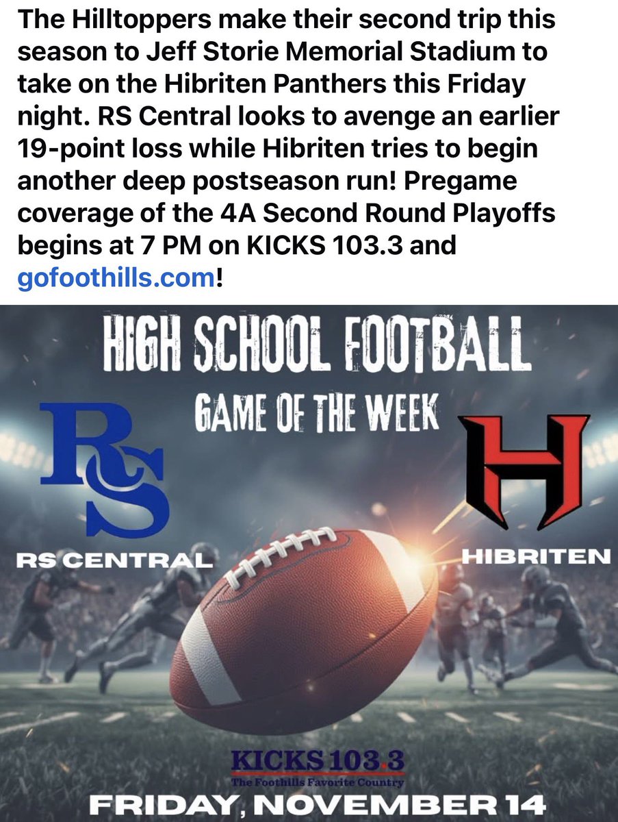 If you can't be there in person we hope you will join us on the radio, or, better yet, bring your radio and listen while you watch! <a href="/RSCentralTopper/">RSCentralHilltoppers</a> <a href="/gohibriten/">Hibriten Panthers</a> <a href="/LinkJeffery/">Jeff Link</a> <a href="/dmjones66/">David Jones</a> <a href="/kicks1033/">Kicks 103.3</a>
