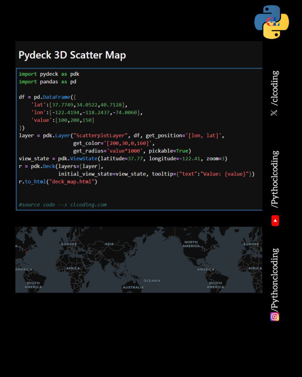 clcoding's tweet image. Pydeck 3D Scatter Map 
pythonclcoding.gumroad.com/l/100PythonPro…