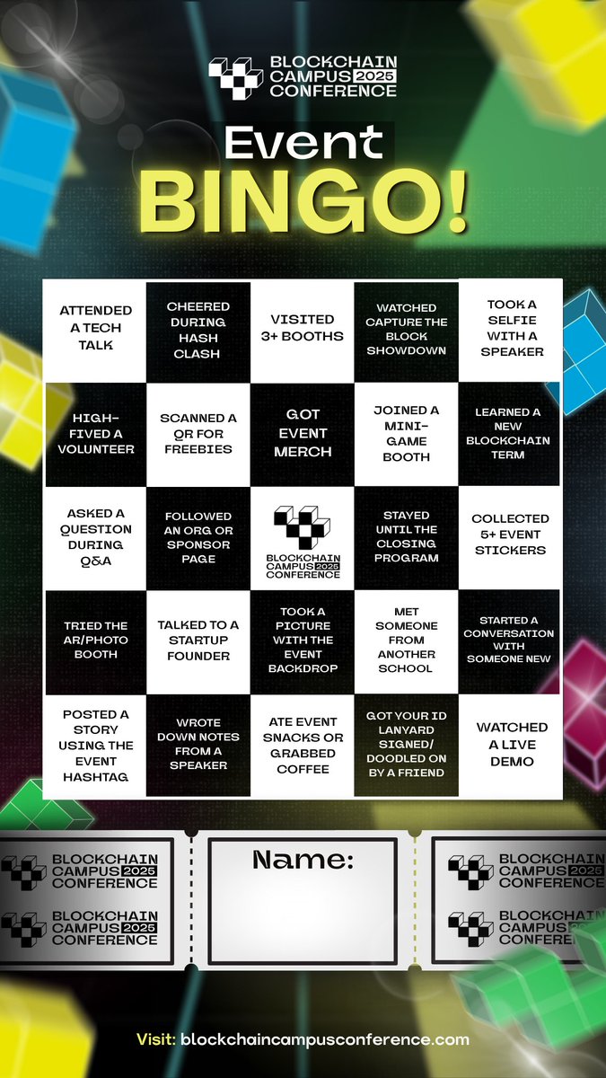Bcampusconf's tweet image. 🎯 BCC 2025 Event Bingo!
From tech talks to freebies &amp;amp; new friends can you complete your bingo card? 👀

📍 Cavite State University | Nov 15
💡 Join the fun: lu.ma/bcc2025luzon
#BCC2025 #Web3PH #CampusConference #EventBingo