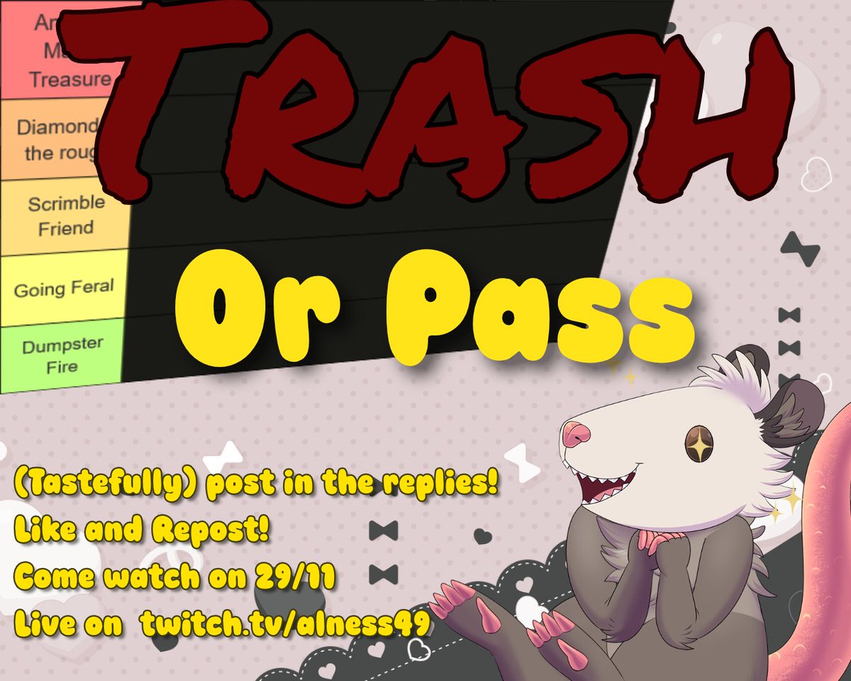 I WANT TO SEE YOUR VTUBER!

It's the TRASH OR PASS (A slightly less thirsty Smash or Pass/Vtuber review!)

To enter, post your (tasteful) PNG or Reference down below!
Liking and Reposting helps!
And tune in on the 29th as my carefully selected* panel assembles!