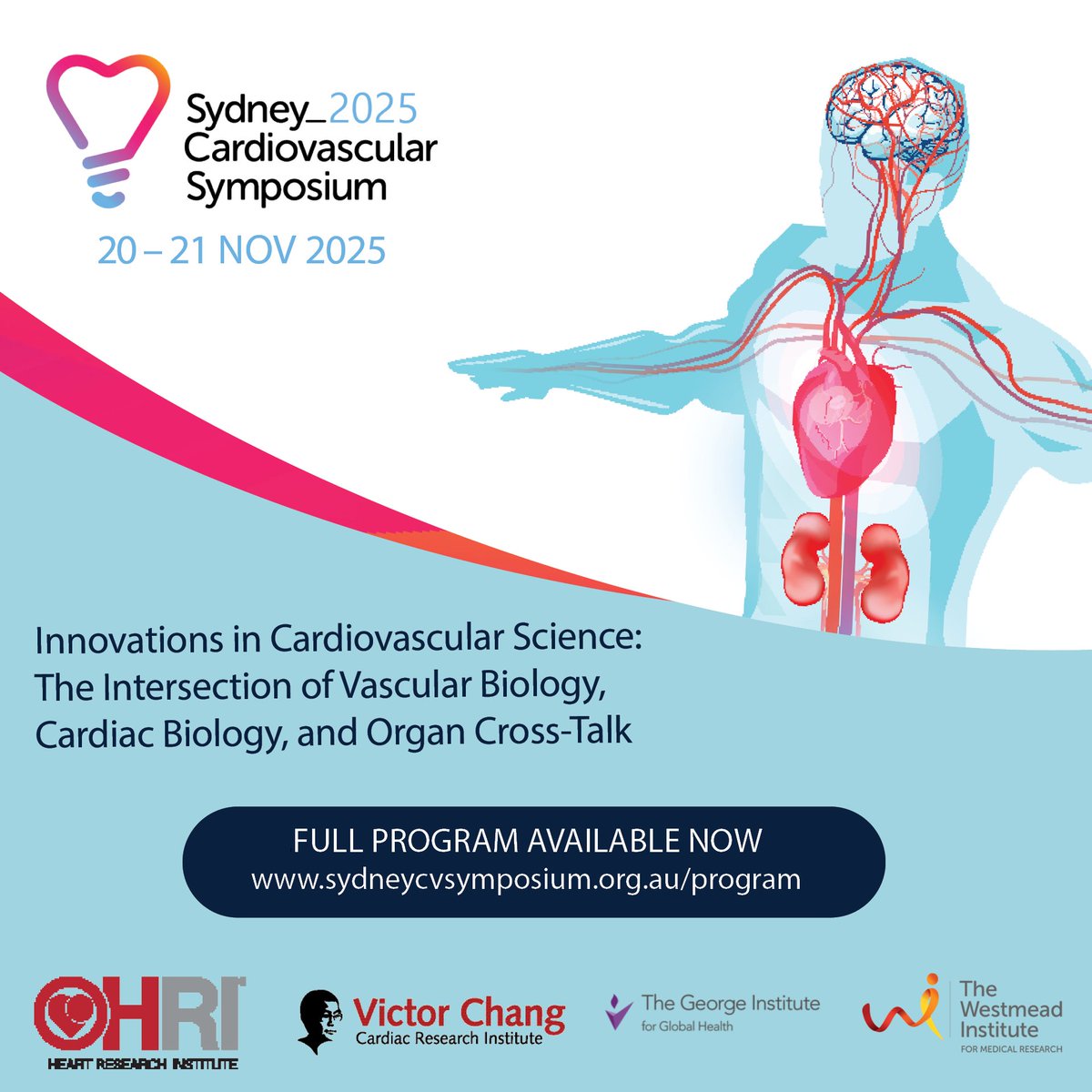 HRIAust's tweet image. Just one week to go until the Sydney Cardiovascular Symposium – Australia&apos;s premier cardiovascular research event! ❤️🔬
➡️ Full program available now: bit.ly/453JjMo
@VictorChangInst @georgeinstitute @WestmeadInst #SCVS2025 @SydCV_Symposium