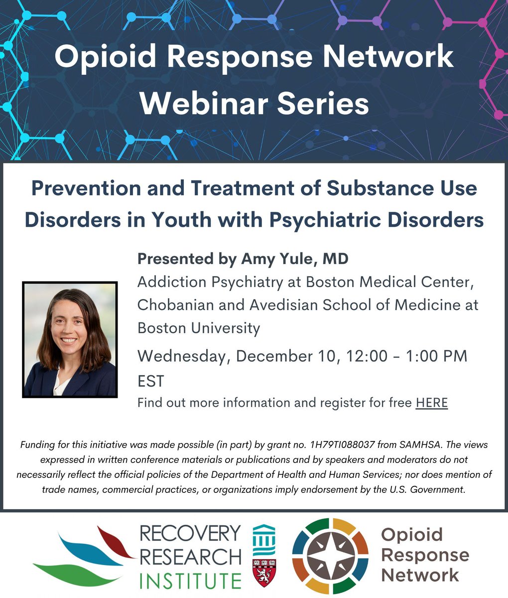 RecoveryAnswers's tweet image. Join us for our webinar, sponsored by the ORN and AAAP, focusing on youth substance use treatment and recovery. We’re honored to have Dr. Amy Yule speak Dec 10 at 12:00pm ET.
 
Register for free: events.teams.microsoft.com/event/8bdbae95… | #RecoveryThroughScience #addiction #recovery #science