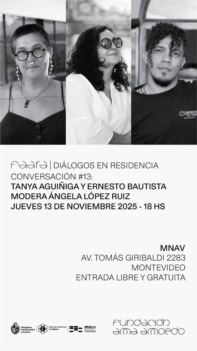 maruisg's tweet photo. ¡MAÑANA! Jueves 13/11, 18h en @MuseoMNAV con los artistas en residencia FAARA de la @fundacionamaamoedo: Tanya Aguiñiga (Mx/Us) y Ernesto Bautista (ElS).  En diálogo con la curadora y artista uruguaya Ángela López Ruiz compartirán sus prácticas y proyectos. https://t.co/XiyfczLxDI