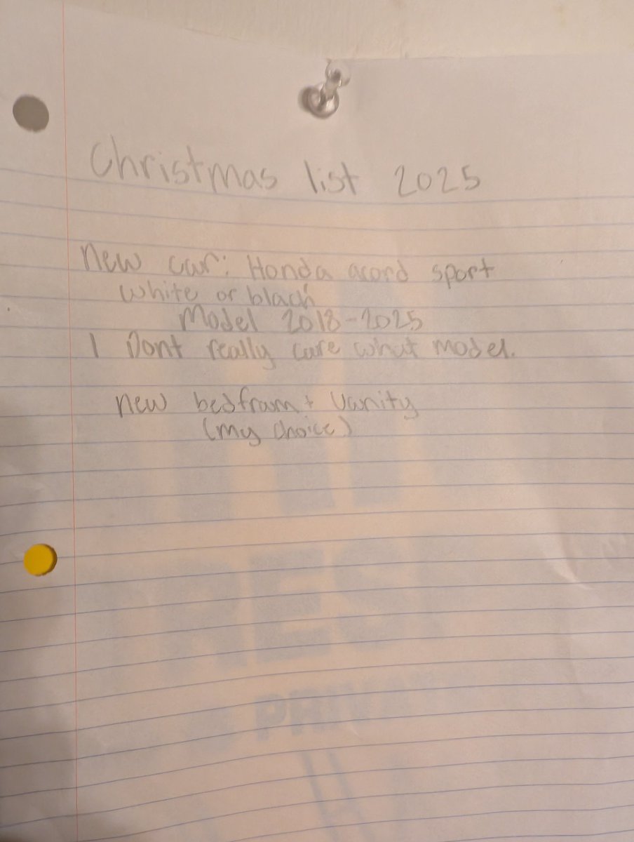 My 14 year old daughter who has elected not to speak to us has just posted a Christmas list overtop of the No Trespassing sign on her door.
