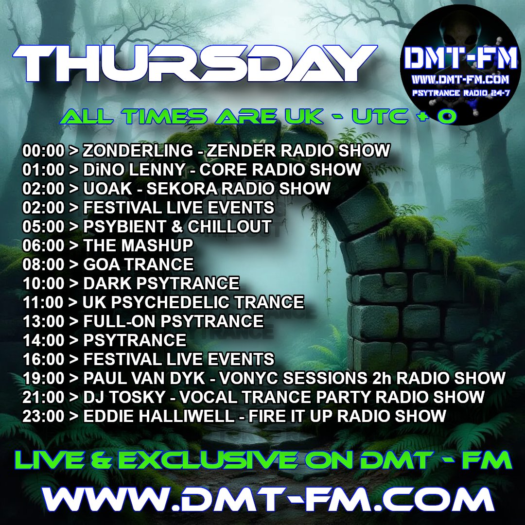 Shows on DMT Thursday 13/11/2025
DMT FM - Psytrance Radio Broadcasting 24/7
dmt-fm.com
#psytrance #psytrancemusic #psybient #goatrance #fullon #EDM #psybreaks #progressivepsy #psydub #psychill #techno #trance #electronicmusic #music #dmtfm #radioshow #radiostation