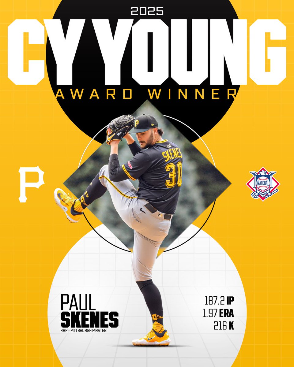 Paul Skenes follows up his Rookie of the Year campaign by winning the 2025 <a href="/officialBBWAA/">BBWAA</a> NL Cy Young Award! 👏