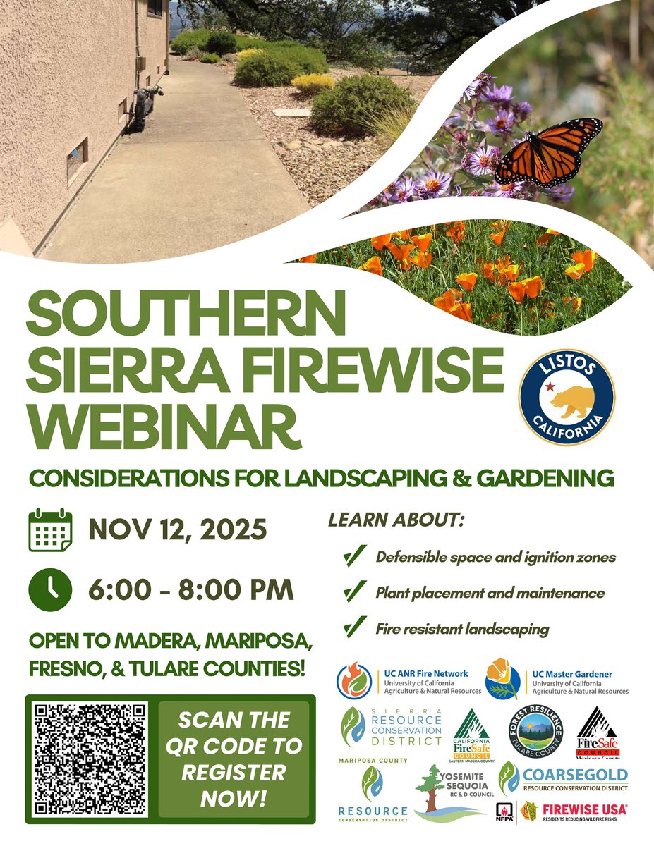 TONIGHT: Learn how to be fire wise with your landscaping and gardening!

Details at tularecounty.ca.gov/forest-health/…. Or register now at ucanr.zoom.us/meeting/regist….

#TulareCounty #firewise #landscaping #gardening #wildfiresafety