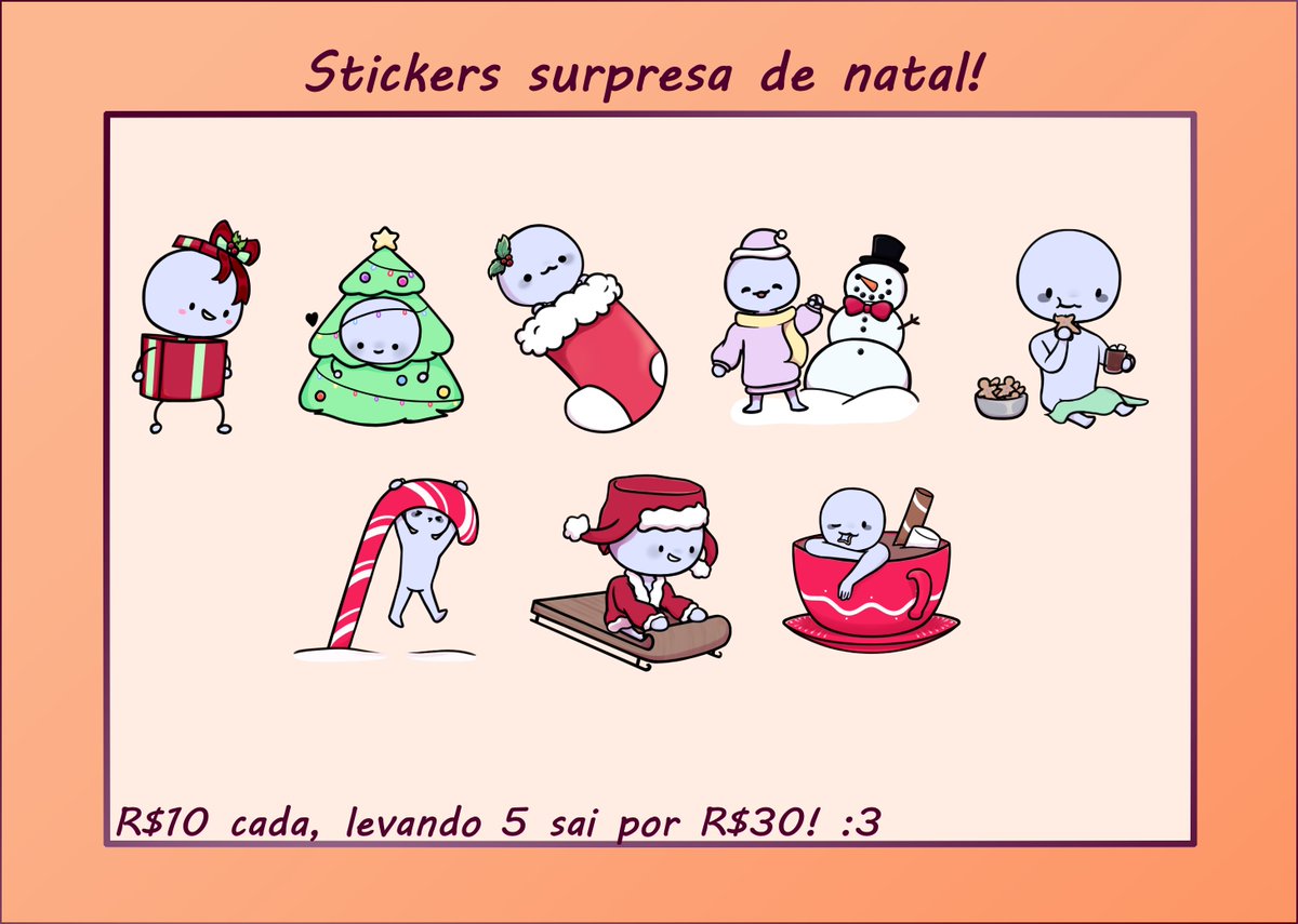 E vamos pro natal! Decidi fazer um estilo um pouco diferente de arte surpresa, uma vibe mais gacha! Então vocês podem ver as opções que podem vir, mas não vão saber qual o pedido de vocês pode cair!
E já vem com promo pra quem quiser muitos!

Vamos ver o que vai sair disto! ;3