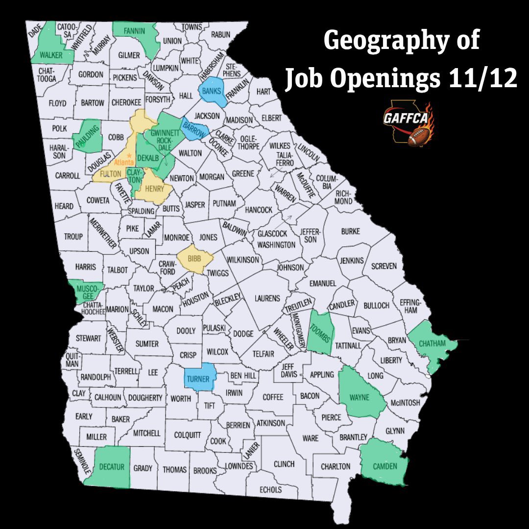 FiredFBCoaches's tweet image. 𝗚𝗲𝗼𝗴𝗿𝗮𝗽𝗵𝘆 𝗼𝗳 𝗢𝗽𝗲𝗻𝗶𝗻𝗴𝘀 11/12 

*Job Rating updates will take place Friday 

𝗖𝗼𝘂𝗻𝘁𝗶𝗲𝘀 𝘄𝗵𝗼 𝗵𝗮𝘃𝗲 𝗯𝗲𝗲𝗻 𝘀𝗵𝗮𝗱𝗲𝗱 𝗶𝗻 𝗮𝗿𝗲 𝘁𝗵𝗲 𝗰𝘂𝗿𝗿𝗲𝗻𝘁 𝗛𝗙𝗖 𝗼𝗽𝗲𝗻𝗶𝗻𝗴𝘀

🟩Green - 1 Opening in County 
🟨Yellow - 2+ Openings in County 
🟦Blue…