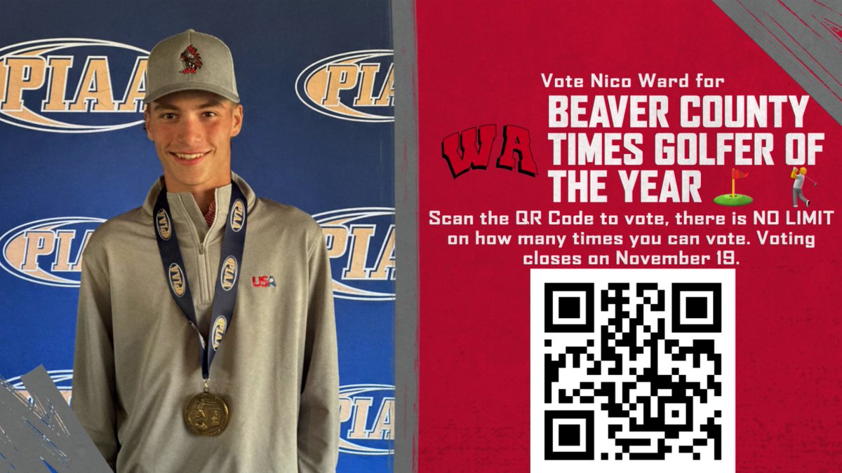 Nico Ward is up for Beaver County Times Golfer of the Year!

Scan the QR Code to vote, there is NO LIMIT on how many times you can vote, and voting closes on November 19! #WeAreWestA