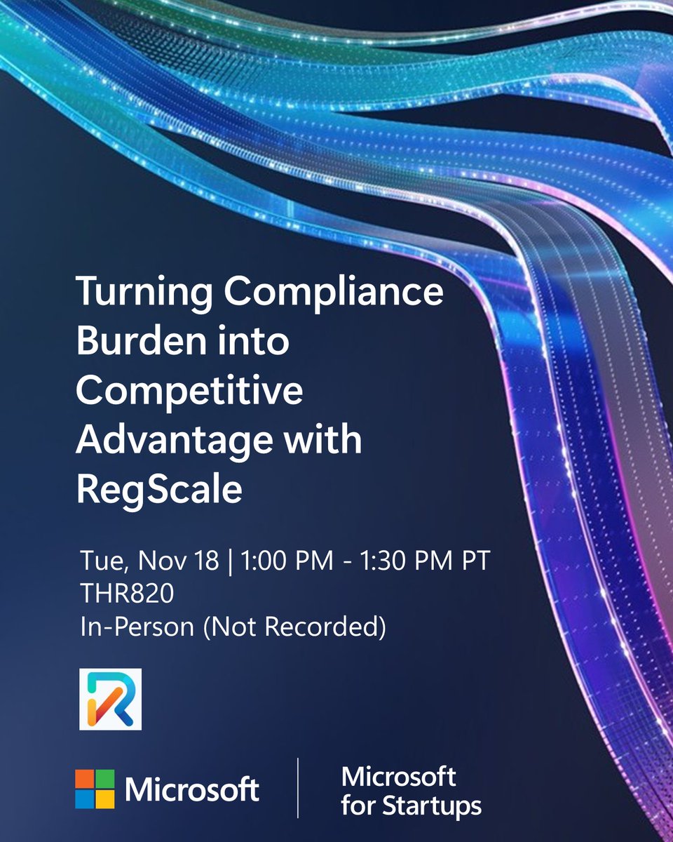 msft4startups's tweet image. Startups that treat compliance as a checkbox risk falling behind ✅ 

See how @DaleHoak of @RegScale is turning regulations into a growth driver at #MicrosoftIgnite → msft.it/6015t3Ur3

#MicrosoftForStartups #Compliance