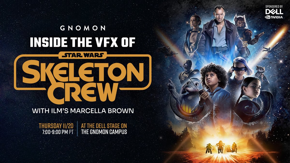 Gnomon_School's tweet image. Behind the VFX of Skeleton Crew! Join us on 11/20 at Gnomon for a presentation from @ILMVFX artist and Gnomon alum Marcella Brown! We’ll also be raffling off a few Skeleton Crew merch items!

RSVP: bit.ly/4oC5Run

#StarWars #vfx #SkeletonCrew #3DArt #FXArtists