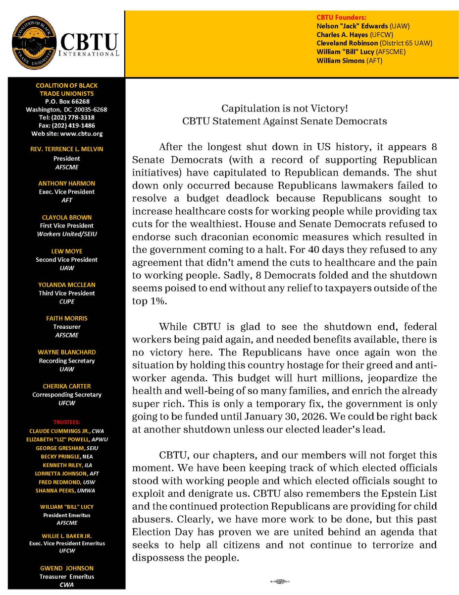 CBTU Statement Against Senate Democrats