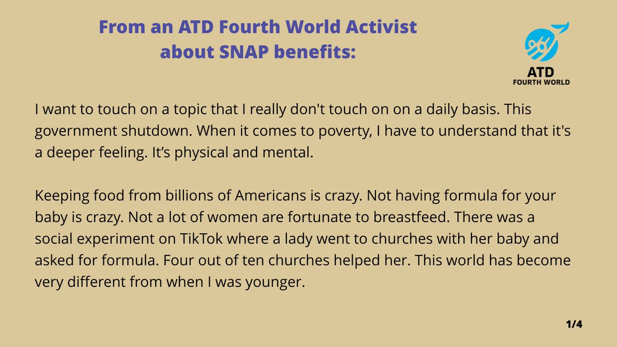 ATD4thWorld_US's tweet photo. From an ATD Fourth World Activist about SNAP benefits.
"Where is all the money going?" https://t.co/r4N7R7Jvg4