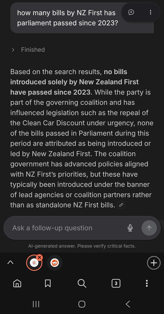 KiwiBiohacker's tweet image. I asked AI how many bills introduced by #NZFirst have been passed by parliament since 2023. 

AI&apos;s answer: ZERO. 

I will NOT be voting NZ First. 
@nzfirst #nzpol #facts #WinstonPeters #NewZealand