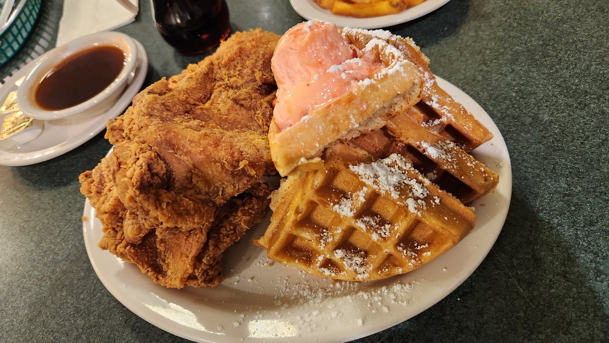 We do a lil chicken and waffles with strawberry butter and hot sauce syrup 🤝