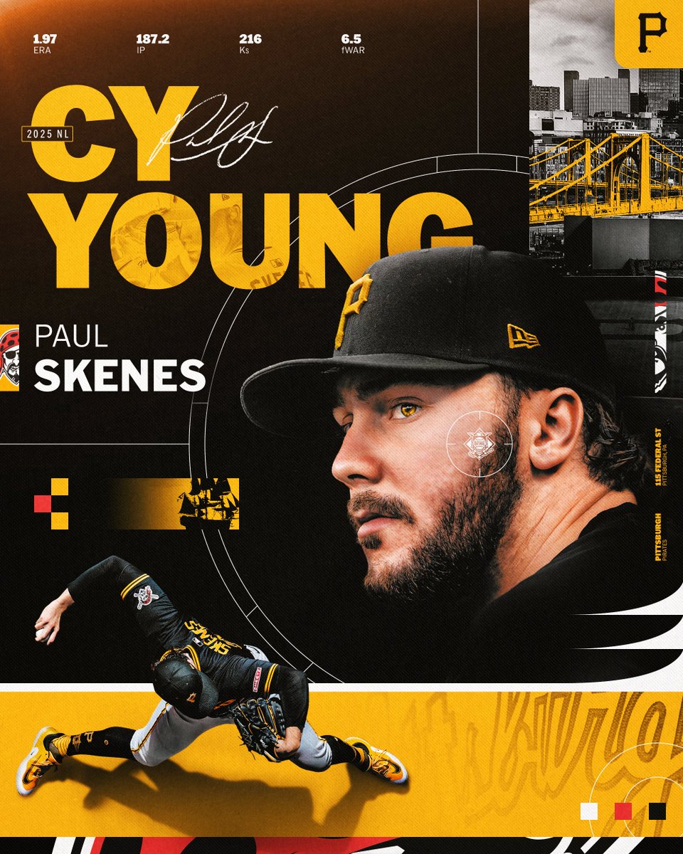 PoeskieA's tweet image. Congratulations to Pittsburgh Pirates starting pitcher Paul Skenes on winning the 2025 NL Cy Young! Skenes, 23, is the 3rd pitcher in Pirates franchise history to win the Cy Young. The others are Vern Law (1960) and Doug Drabek (1990).
#PittsburgPirates
#PaulSkenes
#NLCyYoung