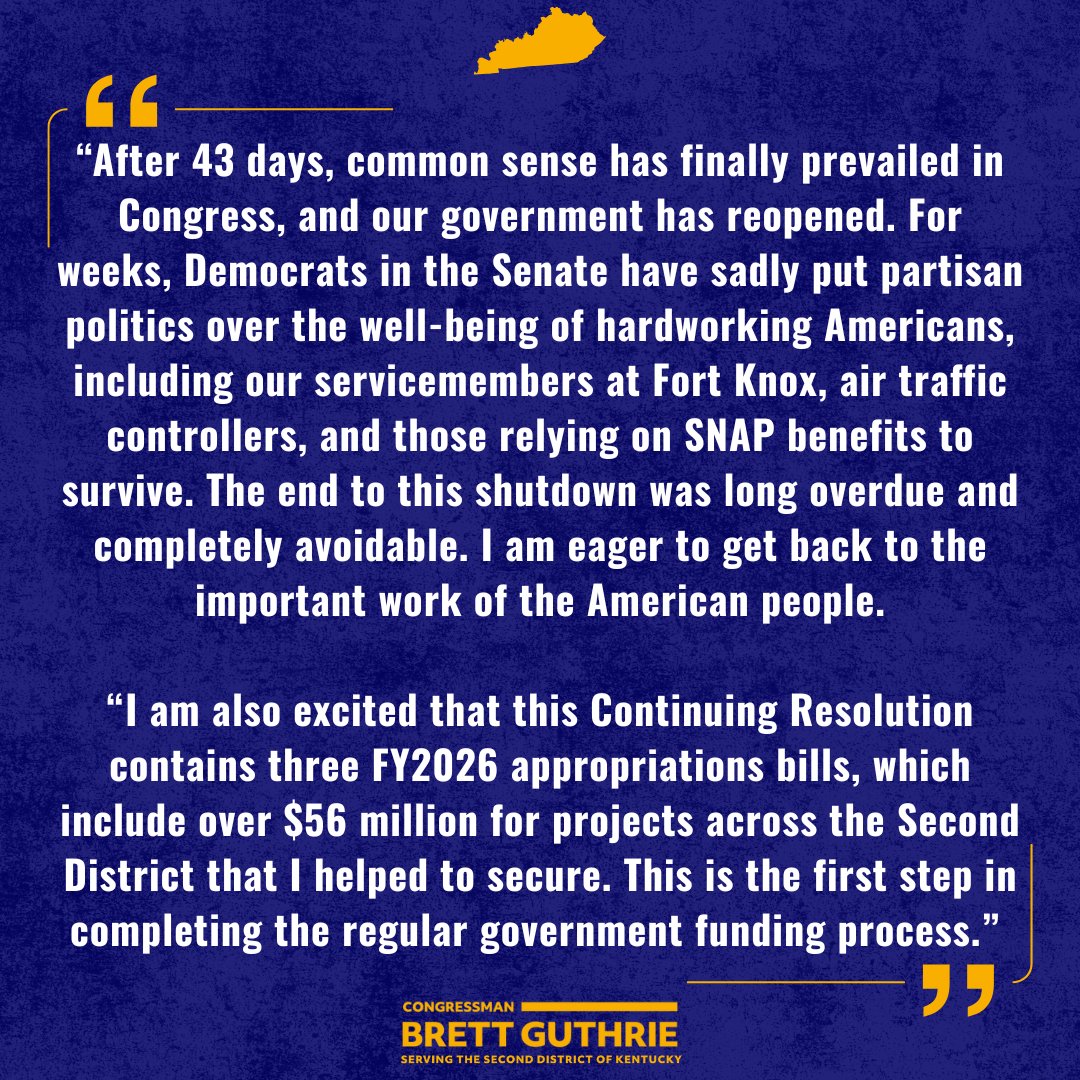 Common sense has finally prevailed in Washington, and the end of the longest government shutdown in history is here.
 
This chaos and destruction should never have occurred in the first place. My full statement on the long-overdue end to the Democrat Shutdown. 👇