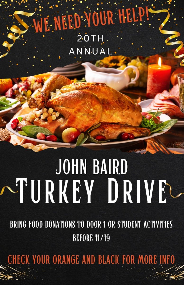 Time is of the essence as we want to prioritize our East families in need at this time of the year.  If able, please bring any and all donations to Door #1, the Main Entrance, off of Dunham Road or to our Student Activities Office by no later than November 19th.  #AllinSaINts