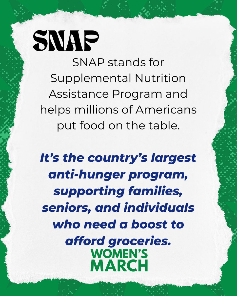 womensmarch's tweet image. SNAP isn’t a luxury: it’s a lifeline. Learn what it really covers, who it helps, and why protecting it matters for women and families everywhere. Share what you learn because change starts with conversation. #SNAP #FoodAssistance #WomensMarch #EconomicJustice #FoodSecurity