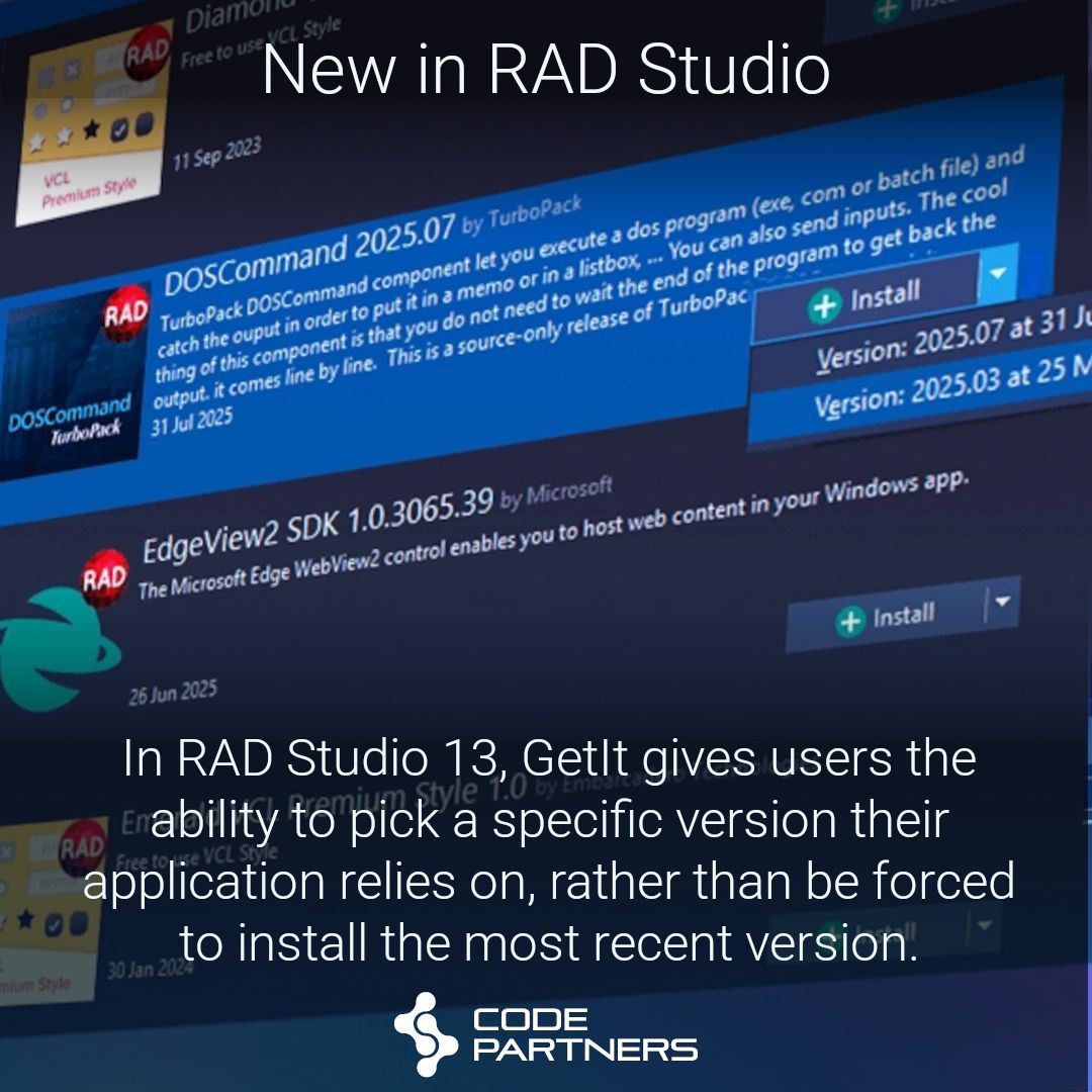 code_partners's tweet image. RAD Studio 13 : GetIt Package Versioning

RAD Studio 13 introduces a new AI Chat Bot, specifically trained on the product documentation, books and libraries. Try it out now. 

code-partners.com/goto/?topic=ra…

#radstudio #embarcadero #delphi