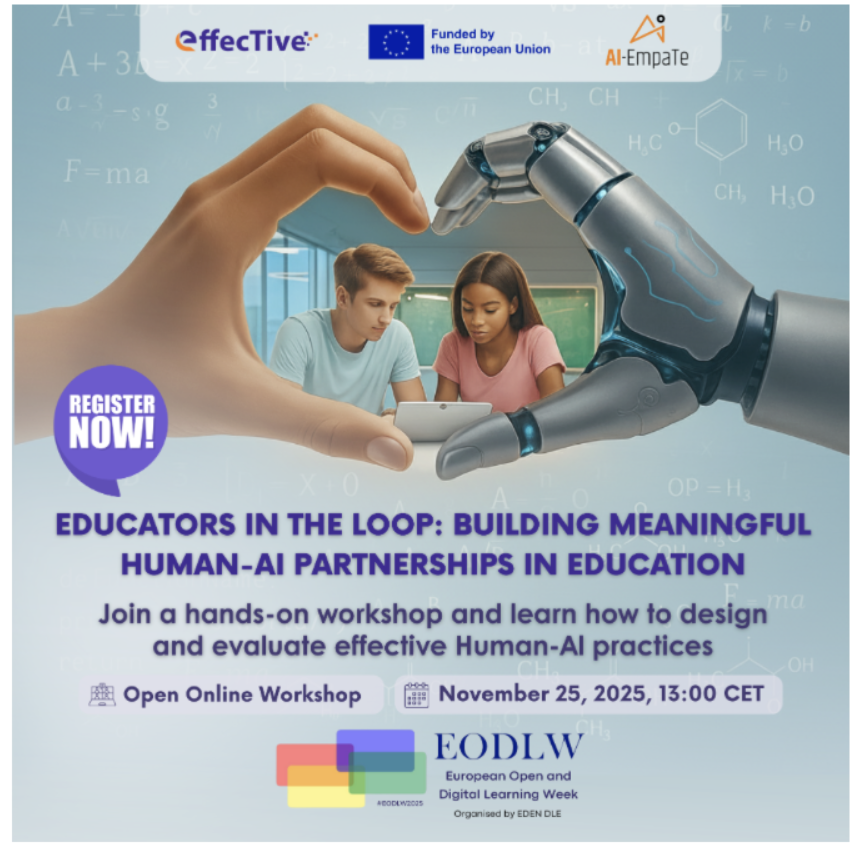 📢Online Workshop
“Educators in the Loop: Building Meaningful Human–AI Partnerships in Education”
🤝AI-EmpaTe × EffecTive, with the UNESCO Chair on TIE
📅25 Nov 2025 •🕒 13:00 CET
🌐Part of the 10th EODLW by EDEN Digital Learning Europe.
🔗 Register: eden-europe.eu/event/10th-eur…