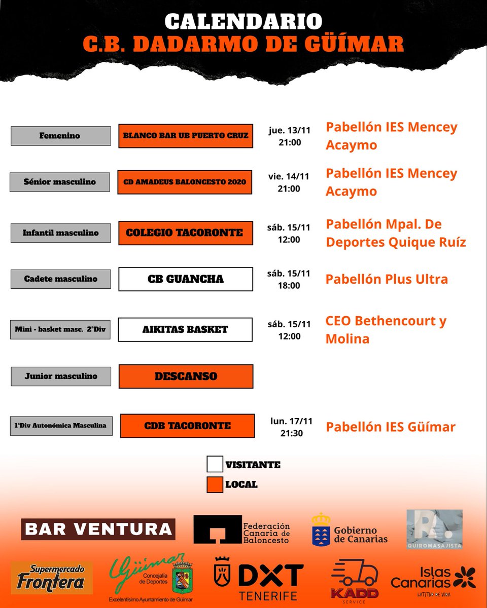 📅 Semana de acción para el C.B. Dadarmo de Güímar 🔥
Varios equipos juegan en casa 🏠 ¡Vamos con todo! 💪🧡🖤

#CBDadarmo #Baloncesto #Güímar #Vamosdadarmo