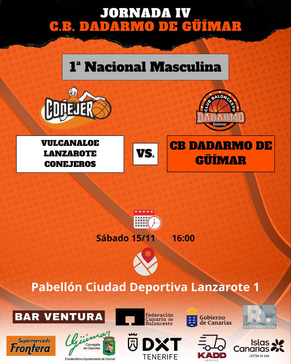 🏀 Jornada 4 – 1ª Nacional Masculina
📅 Sáb 15/11 | 🕓 16:00
📍 Pabellón Ciudad Deportiva Lanzarote 1

🔥 Vulcanaloe Lanzarote Conejeros 🆚 C.B. Dadarmo de Güímar
¡A por todas en esta nueva jornada! 💪🧡🖤
#CBDadarmo #Baloncesto #BasketCanarias #Vamosdadarmo
