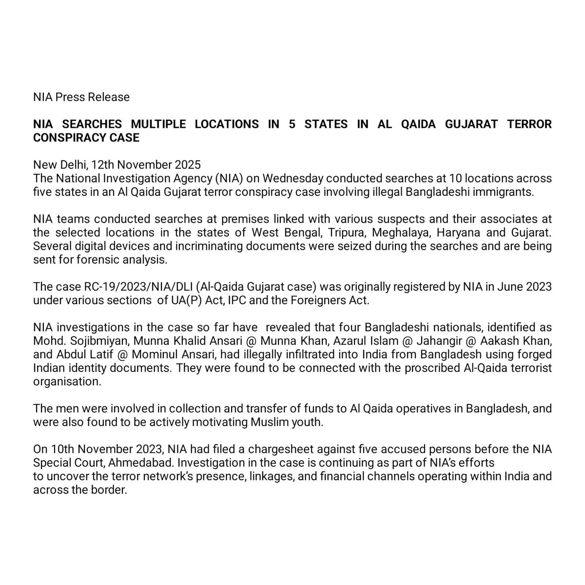 NIA Searches Multiple Locations in 5 States in Al Qaida Gujarat Terror Conspiracy Case