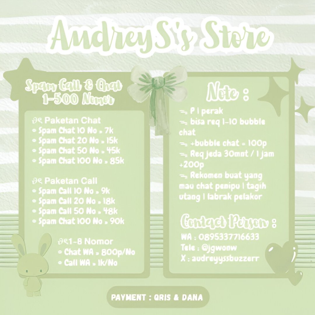 audreyysbuzzerr's tweet image. Annyeong!

Buat yang butuh jasa :
𝜗ৎ Follow | Like | Komen
𝜗ৎ Spam Chat &amp;amp; Call
𝜗ৎ Tag GTC &amp;amp; Cek GTC
𝜗ৎ Report Akun/Konten
𝜗ৎ Voting
𝜗ৎ Subs Channel WA

bolehh banget chat wa yaa🫶
#zonauangᅠᅠᅠ