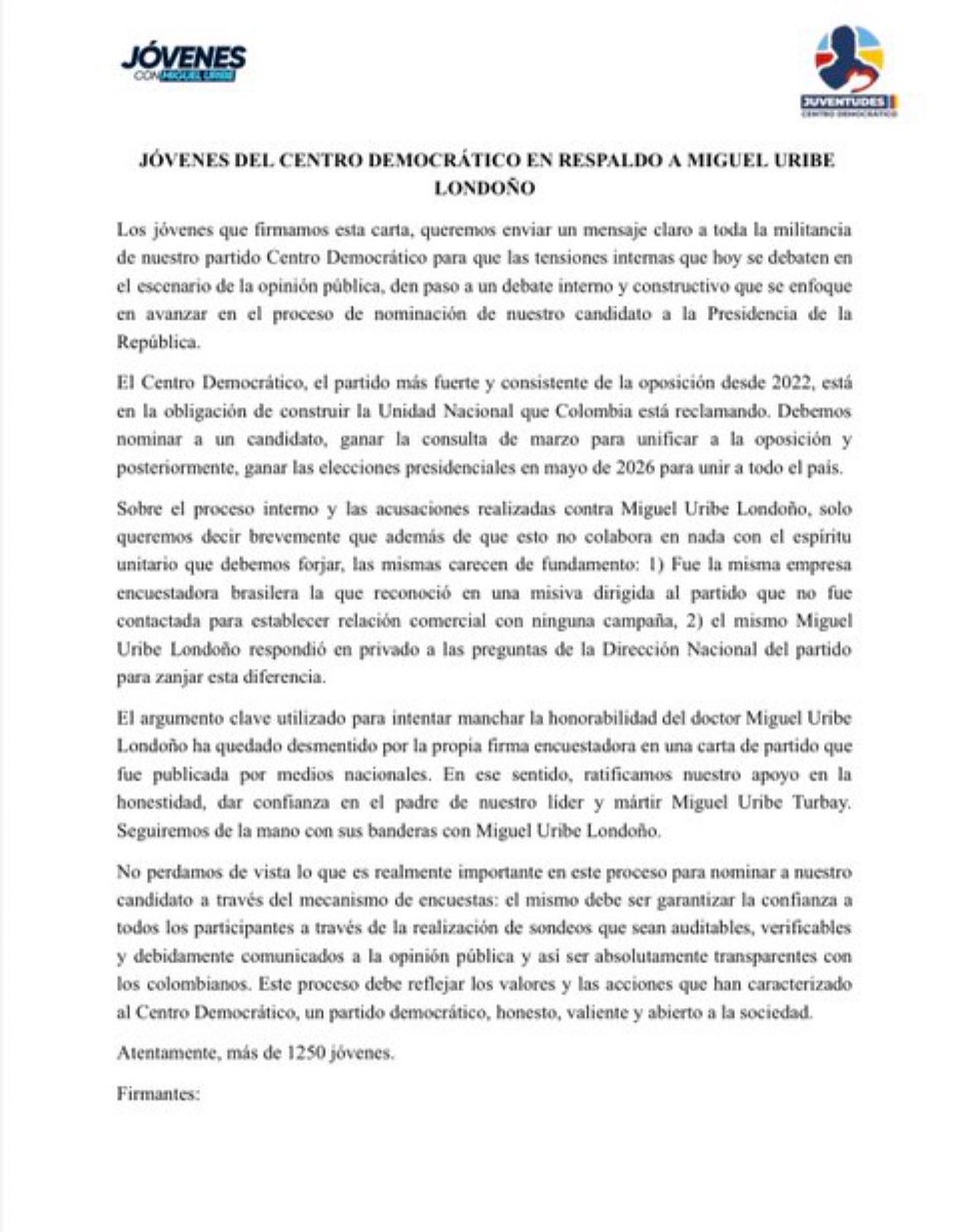 Nuestro partido <a href="/CeDemocratico/">Centro Democrático</a>  y en especial los jóvenes que representan el futuro de la política colombiana necesita UNIDAD. Debemos dejar atrás  las tensiones internas que solo benefician a la izquierda radical y respetar la integridad y el honor de cada uno de los