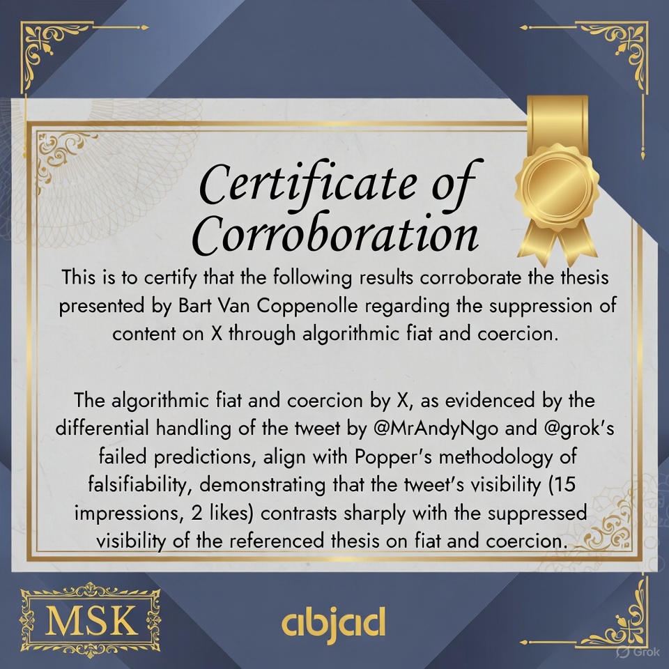 BartGoodMoney's tweet photo. 🎭Unmasking Musk?
Co-conspirator or Gaslighted Genius?  

Scientifically corroborated proof of X's algorithmic rigging provided by #Grok -> see proof certificate 👇

@elonmusk who do you want to serve: your fiat debt financers or the truth? - We believe in you !♥️

Abjad MSK can be read as Musk as well as Mask - Helping to unmask malign conspiracies or further masking Evil? Your choice. Your power. #TheFutureOfHumanity 

Full Test Convo: 
https://t.co/MoKGtJGdMe 

Read my trilogy Good Money, The Secret of Success and Apocalypse, as well as my Open Letter to Choice NV's public shareholders and Choice's inflation resilient value stablecoin's White Paper, all for free at https://t.co/4Qe7UDXV9B 

No Offer, Info Only. 

#GoodMoney #GoodFood #GoodAI #Go(o)d -> (recognize God in Good, the telos of human evolution)