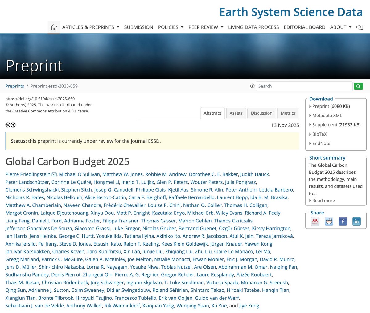 pepcanadell's tweet photo. 1/2  

To support this year's Global Carbon Budget, 2025, we are publishing  

The big paper, made possible by the strong commitment of a core group of scientists, working with a network of equally committed contributors from 102 research organizations worldwide https://t.co/3M3atHb2P9