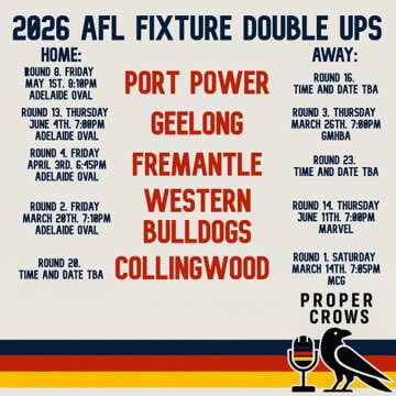 ProperCrowsPod's tweet image. 🗓️ The 2026 fixture is here and the Prime Time Crows are back!

Double ups, season opener, fixture highlights 👇

👀 Proper Countdown dropping 23/01/2026 

#AFLFixture #ProperCrowsPodcast #AdelaideCrows #AFL