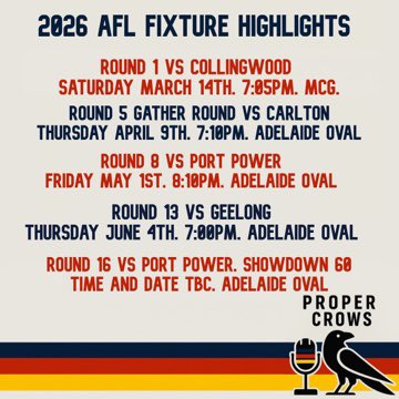 ProperCrowsPod's tweet image. 🗓️ The 2026 fixture is here and the Prime Time Crows are back!

Double ups, season opener, fixture highlights 👇

👀 Proper Countdown dropping 23/01/2026 

#AFLFixture #ProperCrowsPodcast #AdelaideCrows #AFL