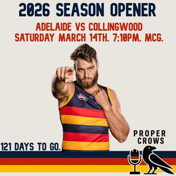 ProperCrowsPod's tweet image. 🗓️ The 2026 fixture is here and the Prime Time Crows are back!

Double ups, season opener, fixture highlights 👇

👀 Proper Countdown dropping 23/01/2026 

#AFLFixture #ProperCrowsPodcast #AdelaideCrows #AFL